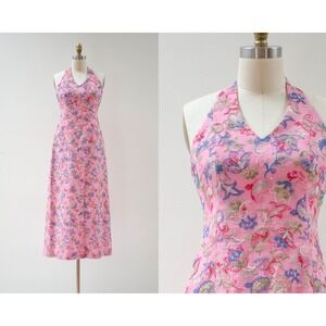 pink linen dress 60s 70s vtg Leslie MacNeil floral embroidery halter maxi dress